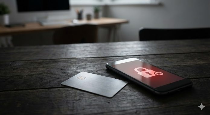 frauda-carduri-securitate.jpg Imagine cu card bancar și telefon pe o masă, simbolizând riscurile de fraudă și securitate financiară.