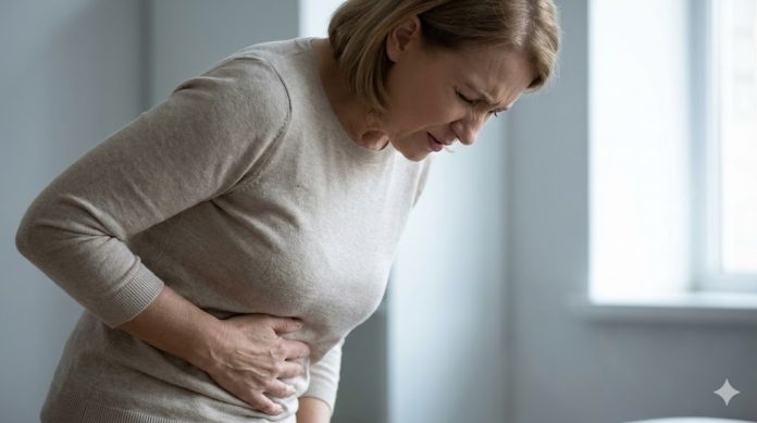 Persoană ținându-se de abdomen, ilustrând durerile cauzate de gastrita pe fond nervos.
