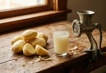 Sucul de cartofi: beneficii, utilizări și precauții – ce spun studiile și când poate fi de ajutor Pahar cu suc de cartofi crud și cartofi proaspeți pe masă, imagine pentru articol despre beneficiile sucului de cartofi.