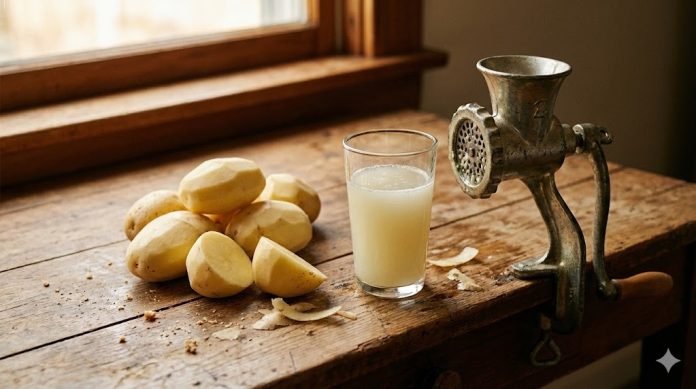 Pahar cu suc de cartofi crud și cartofi proaspeți pe masă, imagine pentru articol despre beneficiile sucului de cartofi.