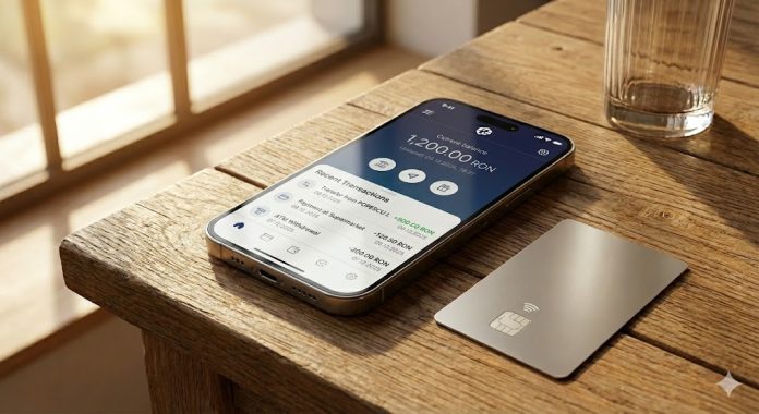 plati-sociale-card Telefon și card bancar pe masă, simbol al încasării plăților sociale.