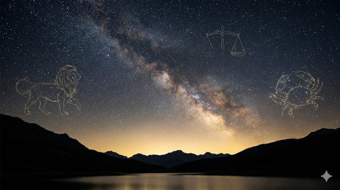 Cer înstelat și simboluri zodiacale, imagine ilustrativă pentru un articol despre zodiile favorizate în 2026