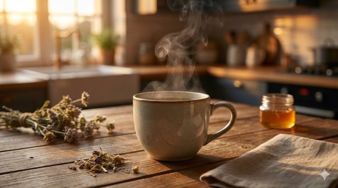 Cană cu ceai cald, recomandat seara pentru digestie și stomac greu
