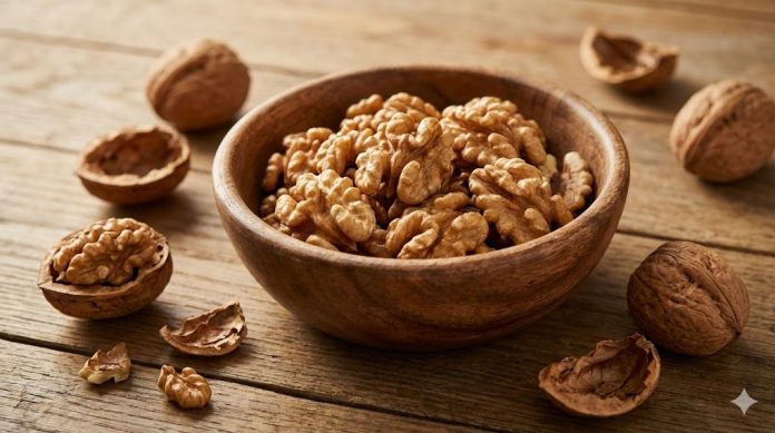 Bol cu miez de nucă pe masă, reprezentând beneficiile consumului zilnic de nuci pentru femeile peste 45 de ani.