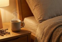 Ceai pentru somn: rețetă din plante care te ajută să adormi mai ușor Cană cu ceai din plante pe noptieră, imagine ilustrativă pentru un articol despre ceai pentru somn