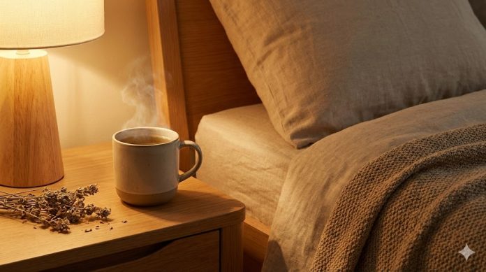 ceai-pentru-somn-reteta Cană cu ceai din plante pe noptieră, imagine ilustrativă pentru un articol despre ceai pentru somn