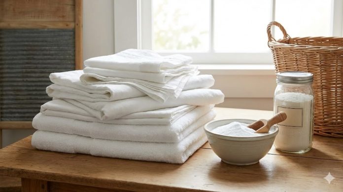 Rufe albe și ingrediente naturale folosite pentru albirea hainelor fără clor