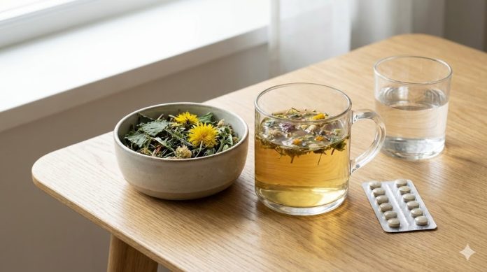 Ceai din plante și articole simple pentru susținerea ficatului și rinichilor, aranjate pe o masă de lemn.