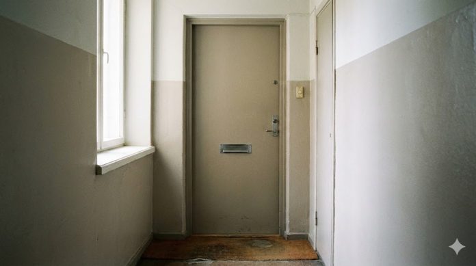 Ușă de apartament pe hol de bloc, imagine ilustrativă pentru un articol despre controale la domiciliu