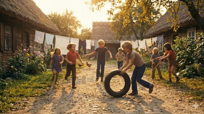 generatia-1939-1985-copilarie Copii jucându-se afară într-o perioadă fără tehnologie, imagine ilustrativă pentru un articol despre generația născută între 1939 și 1985
