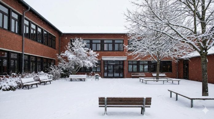 vacanta-iarna-elevi-2025-2026 Curte de școală iarna, imagine ilustrativă pentru un articol despre vacanța de iarnă a elevilor