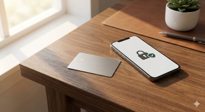 Card bancar și telefon cu notificare de securitate, imagine despre schimbările regulate privind cardurile bancare în 2026.