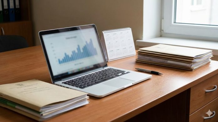 verificare-vechime-munca-pensii Documente administrative și laptop, imagine ilustrativă pentru un articol despre verificarea vechimii în muncă