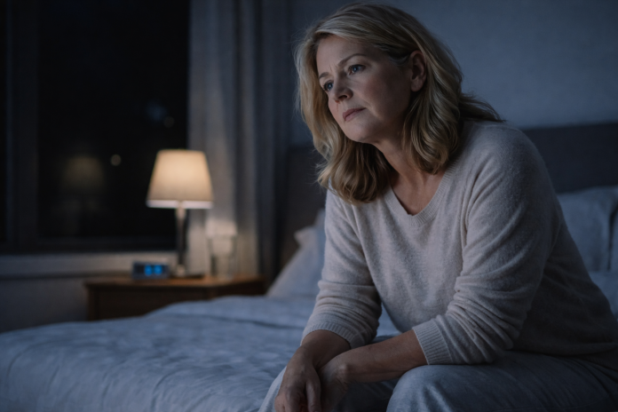 Femeie matură trează noaptea, sugerând somn agitat și lipsă de odihnă