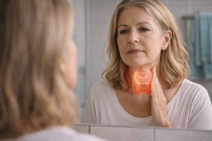 Femeie matură privind zona gâtului, cu ilustrație anatomică a tiroidei