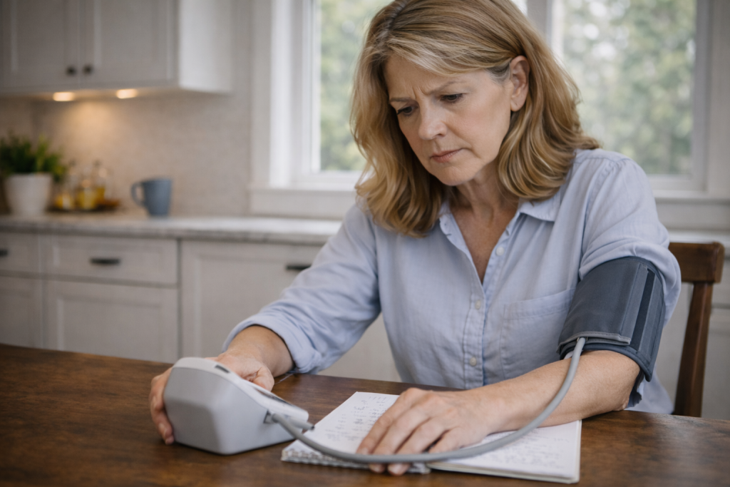 Femeie matură măsurând tensiunea arterială acasă