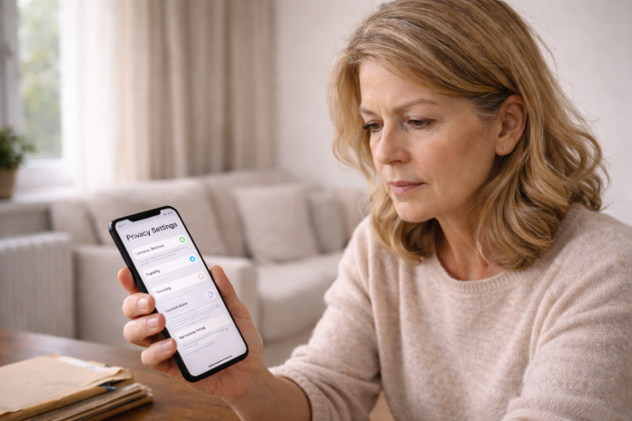 Femeie verificând setările de confidențialitate ale telefonului mobil