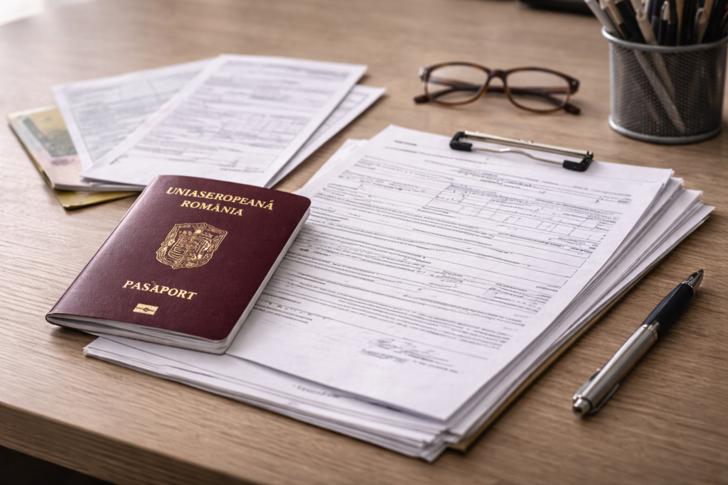 Documente de muncă și pașaport, simbol al pensiei pentru românii plecați în străinătate