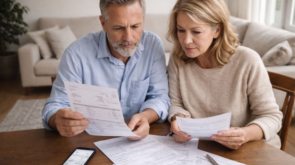 Cuplu matur analizând documente despre pensii private și economii pentru viitor