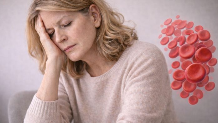 Femeie obosită cu ilustrație medicală discretă, sugerând semne ale anemiei