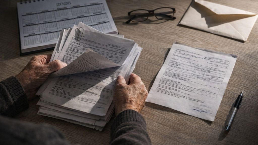 Documente și dosar pe masă, sugerând obligația de depunere a actelor pentru pensie