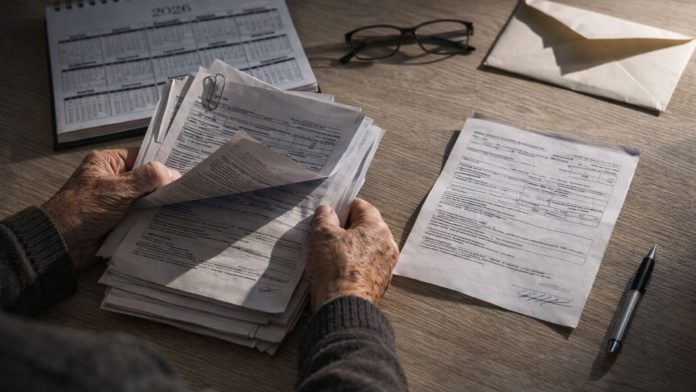 Documente și dosar pe masă, sugerând obligația de depunere a actelor pentru pensie