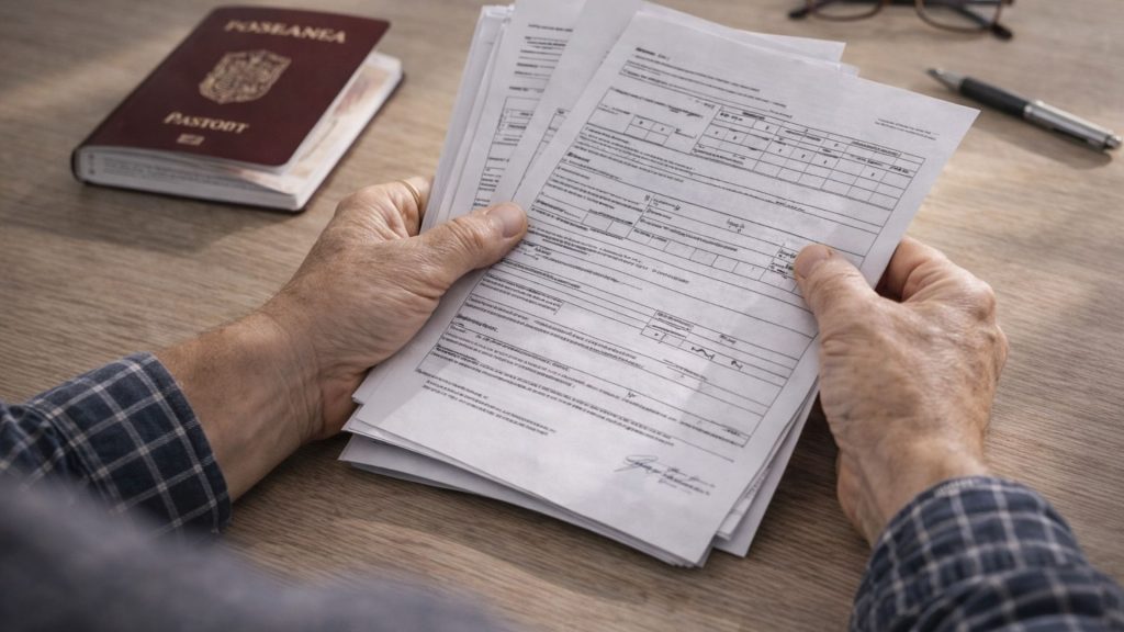 Mâinile unei persoane adulte ținând documente de muncă și formulare, lângă un pașaport românesc deschis, pe o masă, într-un context de verificare și decizie
