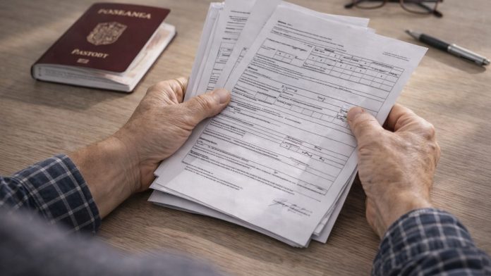 pasaport-romanesc-documente-munca-verificare.jpg Mâinile unei persoane adulte ținând documente de muncă și formulare, lângă un pașaport românesc deschis, pe o masă, într-un context de verificare și decizie