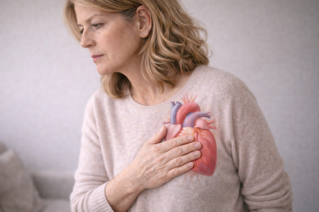 Persoană matură cu ilustrație anatomică a inimii, sugerând semne timpurii ale problemelor cardiace