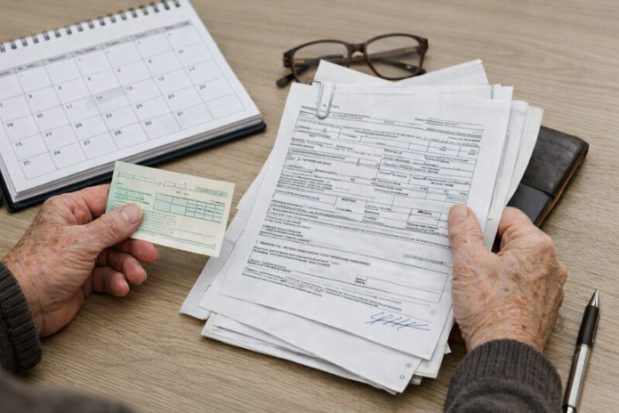 Documente și talon de pensie pe masă, sugerând verificarea drepturilor înainte de 2026