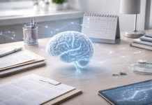 Dosar și elemente medicale care ilustrează cercetări despre efectele COVID-19 asupra creierului