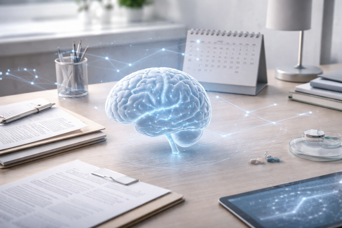 Dosar și elemente medicale care ilustrează cercetări despre efectele COVID-19 asupra creierului