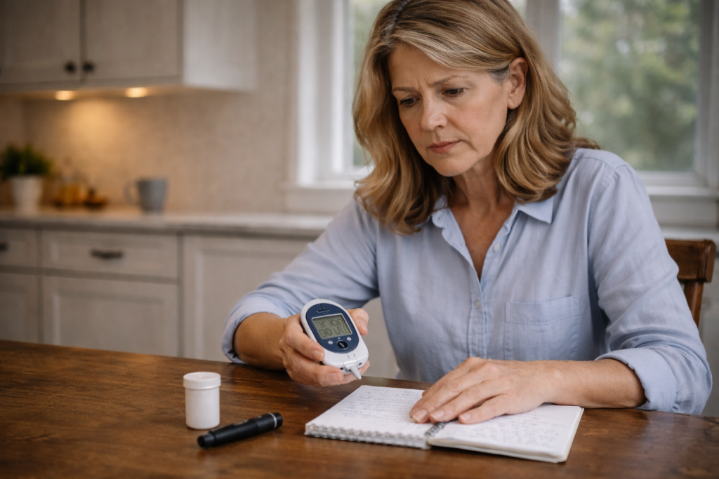 Femeie matură verificând valori ale glicemiei, sugerând semne timpurii înainte de diabet