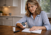 Glicemia crescută dă semne înainte de diabet. Mulți le ignoră Femeie matură verificând valori ale glicemiei, sugerând semne timpurii înainte de diabet