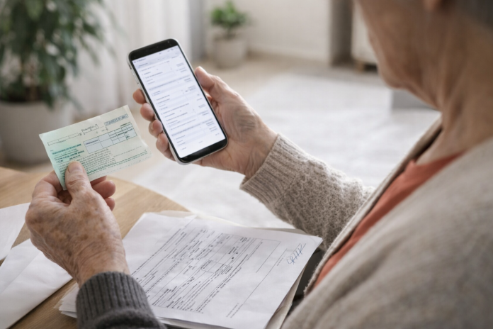 Pensionar verificând talonul de pensie, simbol al majorărilor automate din 2026