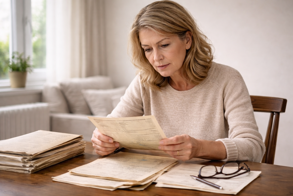 Femeie matură analizând documente de muncă pentru clarificarea stagiului de cotizare