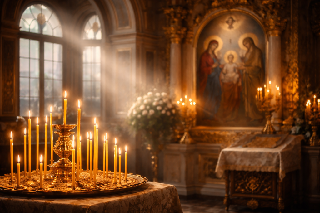 „Întâmpinarea Domnului, sărbătoare ortodoxă pe 2 februarie, icoană și lumânări aprinse în biserică.”