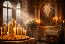 „Întâmpinarea Domnului, sărbătoare ortodoxă pe 2 februarie, icoană și lumânări aprinse în biserică.”
