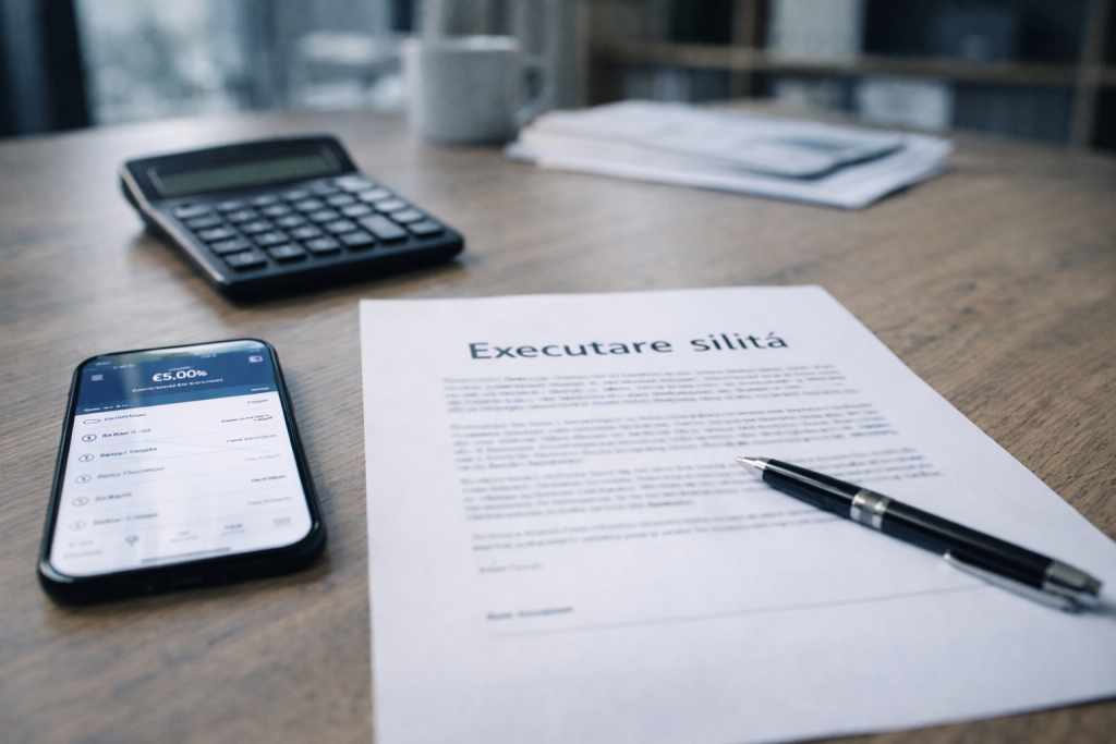 Persoană analizând documente bancare privind executarea silită și restructurarea datoriilor