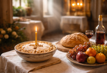 „Întâmpinarea Domnului, 2 februarie, sărbătoare ortodoxă cu lumânări aprinse și gest de milostenie.”