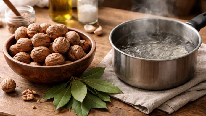 Nuci și foi de dafin folosite într-un preparat tradițional pentru îngrijirea părului