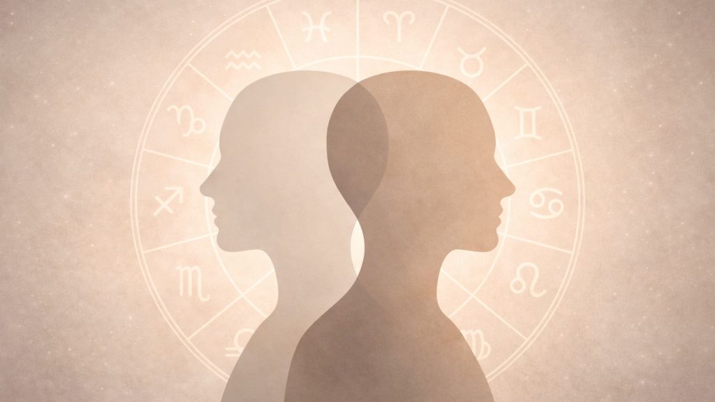 Ilustrație astrologică reprezentând cele două fețe ale zodiilor, inspirată din explicațiile lui Mihai Voropchievici