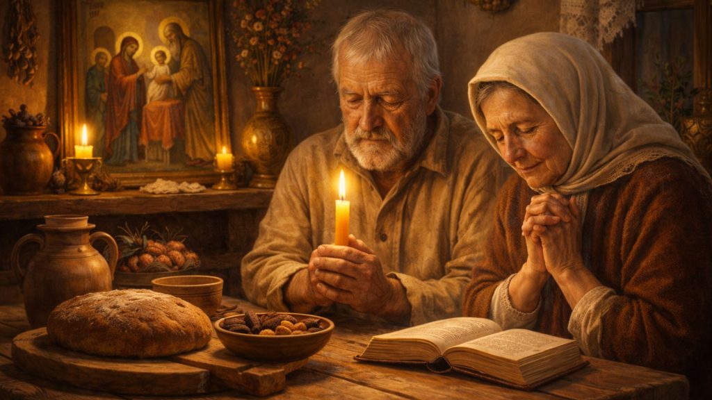 Bătrâni simpli, oameni obișnuiți, stând la masă în casa lor, cu o lumânare aprinsă și icoană în fundal, în ziua Întâmpinării Domnului, atmosferă de liniște și rugăciune.