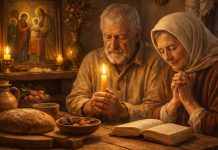 Întâmpinarea Domnului – De ce bătrânii țineau această zi cu mare grijă și ce evitau în casele lor Bătrâni simpli, oameni obișnuiți, stând la masă în casa lor, cu o lumânare aprinsă și icoană în fundal, în ziua Întâmpinării Domnului, atmosferă de liniște și rugăciune.