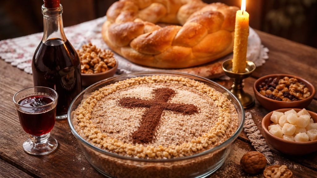 Pachet tradițional de pomană pentru Moșii de iarnă cu colivă, colac și lumânare aprinsă