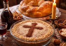 Pachet tradițional de pomană pentru Moșii de iarnă cu colivă, colac și lumânare aprinsă