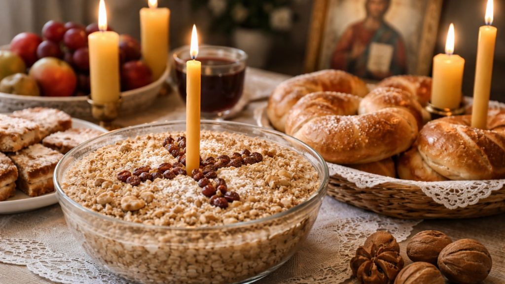 Masă de pomană tradițională cu colivă și lumânări aprinse în număr impar