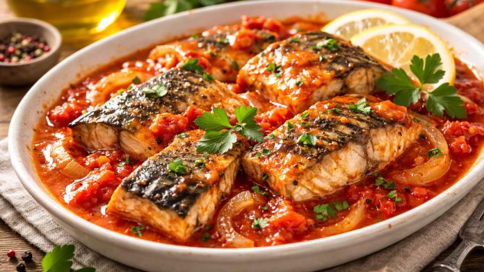 Macrou fraged gătit la cuptor în sos de roșii, cu lămâie și pătrunjel