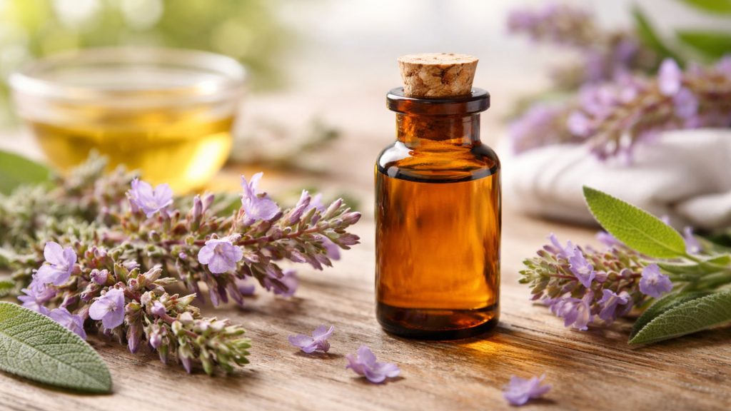 Ulei esențial de salvie și flori de salvie, folosit în aromaterapie