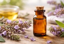 Ulei esențial de salvie și flori de salvie, folosit în aromaterapie